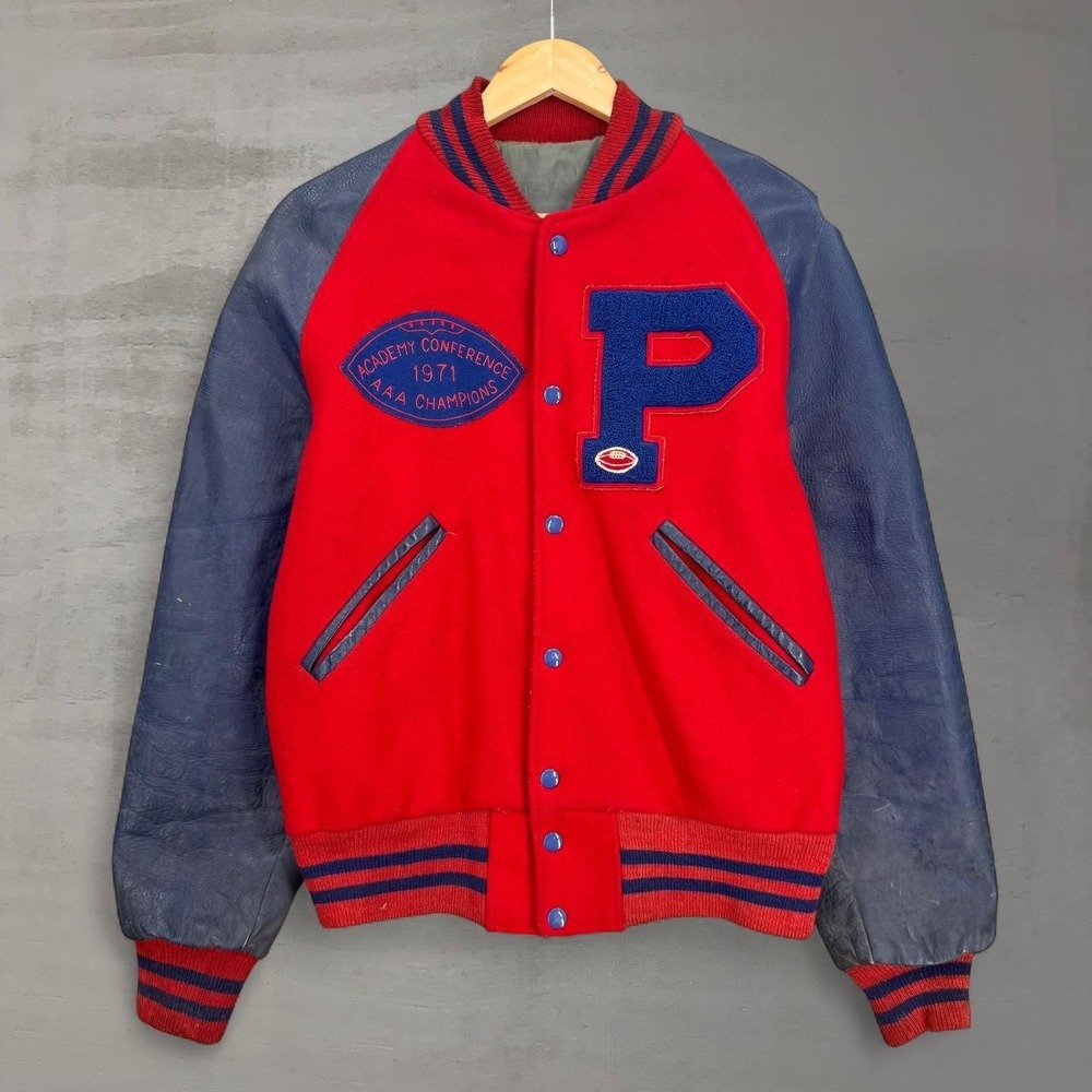 Vintage‎ Varsity Leather Jacket Red Navy 1971 AAA Champions Letterman Bomber XL